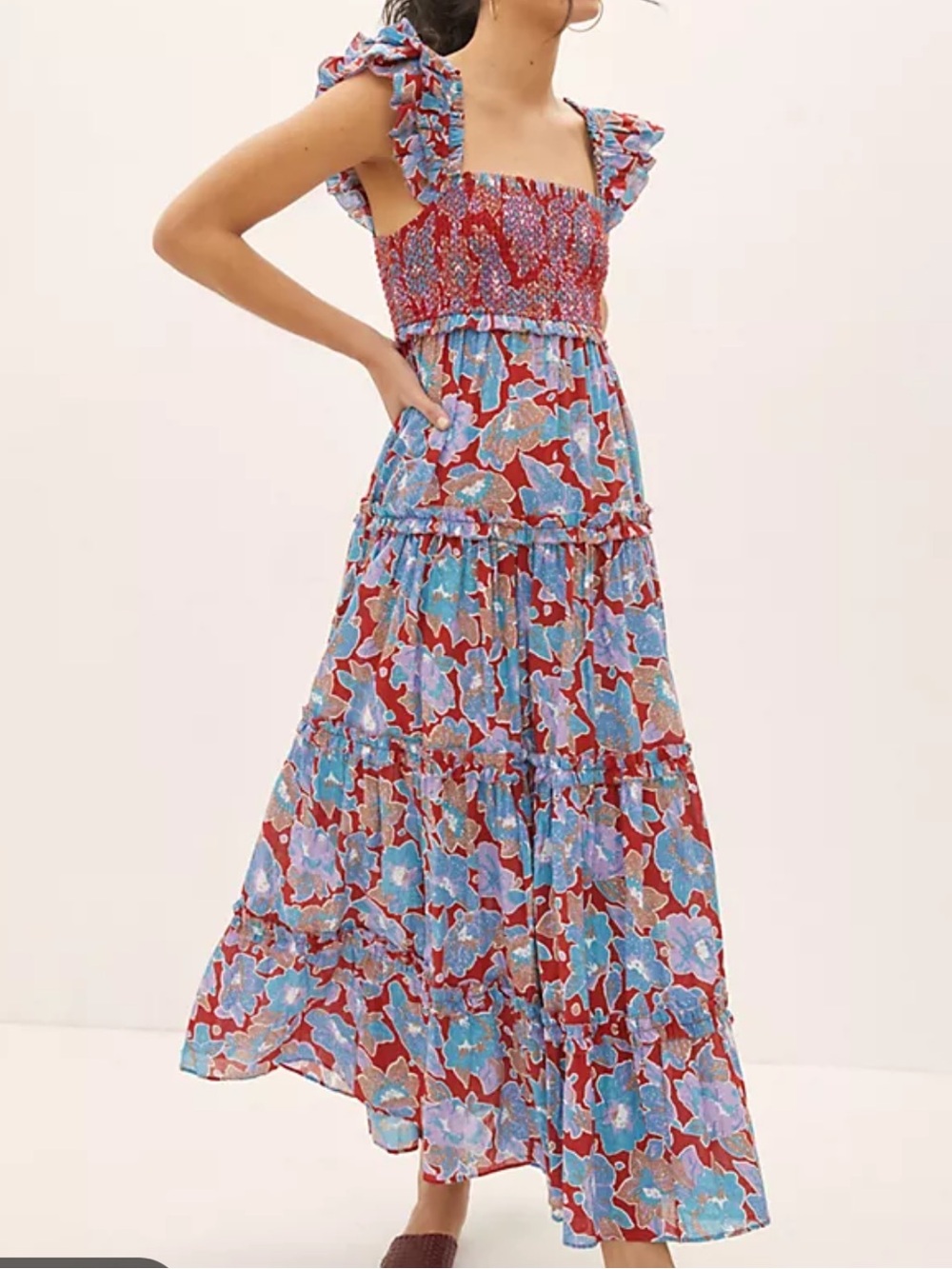 Love The Label Blue & Red Floral Smocked Maxi Dress